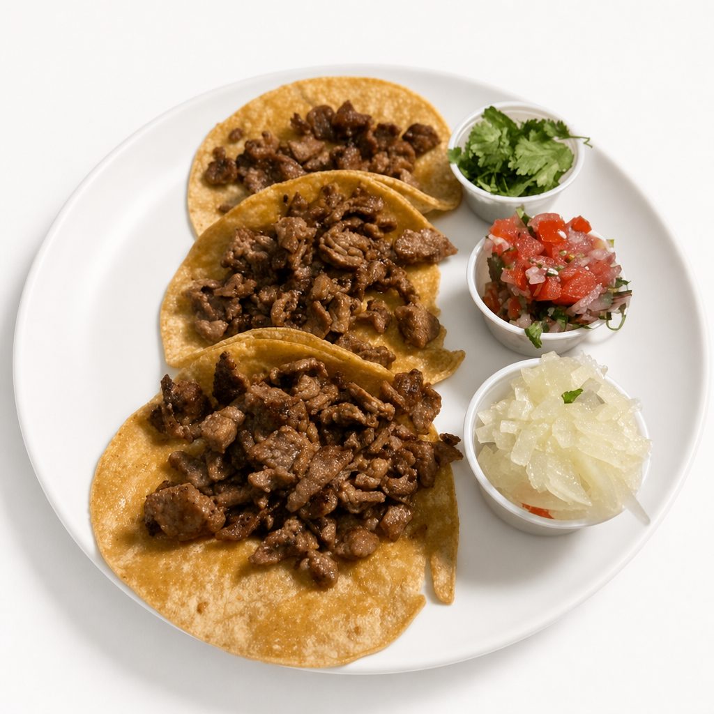 Tacos De Carne Asada or Chicken Y Carnitas.